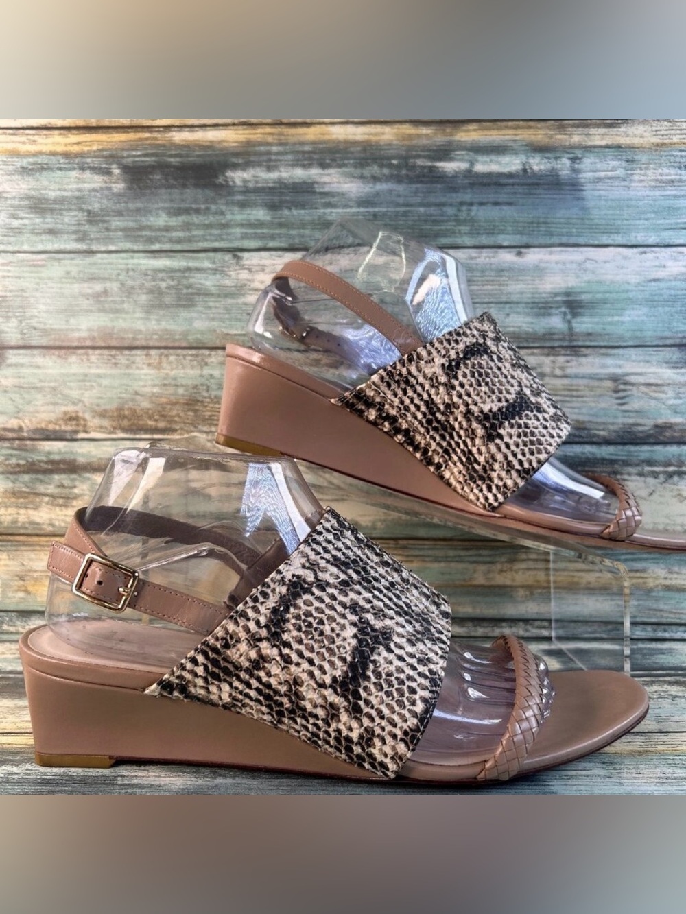 Cole Haan Grand OS Slingback Sandals Womens 10 Brown Snake Print Leather Wedge